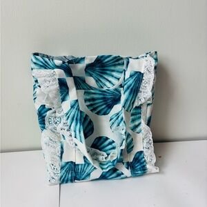 Blue and White seashell print Tote Bag with Lace Trim